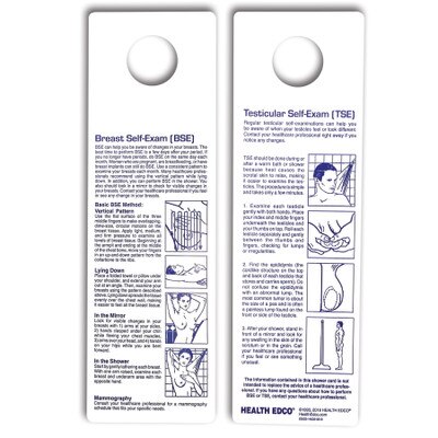 BSE/TSE Shower Card, Vertical, for health education in teaching breast self-exam and testicular exam by Health Edco, 23022