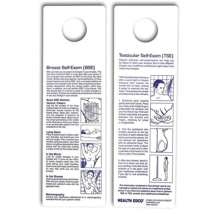 BSE/TSE Shower Card, Vertical, for health education in teaching breast self-exam and testicular exam by Health Edco, 23022