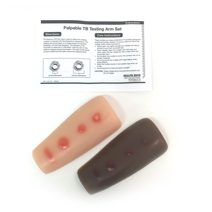 Palpable TB Testing Arm, instructions beige & brown arm models with 4 TB test results each, Health Edco, 26001