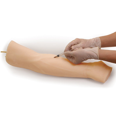 Injection Training Arm Model, latex skin and palpable veins, inject with syringe or IV drip, gloved hands demonstrating syringe, Health Edco, 26320