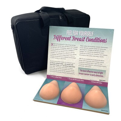 Multi Type BSE Model, Beige, three beige breast health education models, English Spanish display information and case, 26426