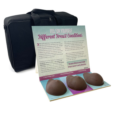 Multi Type BSE Model, Brown, three brown breast health education models, English Spanish display information and case, 26427