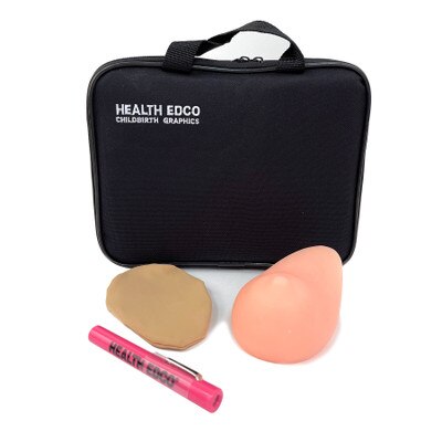 Teen BSE Model in beige skin tone with slipcover, penlight, and case, women's breast health model, Health Edco, 26528
