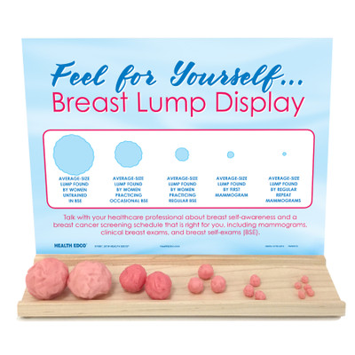 Breast Lump Display, card describes sizes of breast lumps with attached tray of simulated pink lumps for touching and examining, importance of BSE & mammograms, Health Edco, 26803