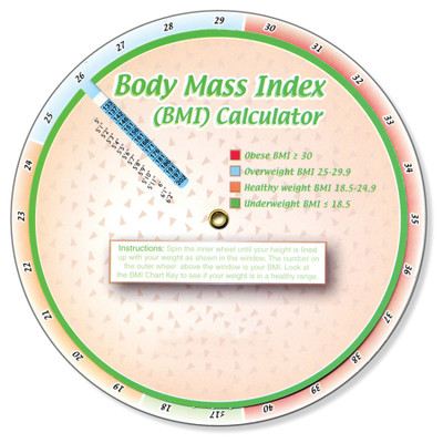 Body Mass Index Calculator, colorful 6" wheel aligns height-weight to show body mass index, Health Edco, 30172
