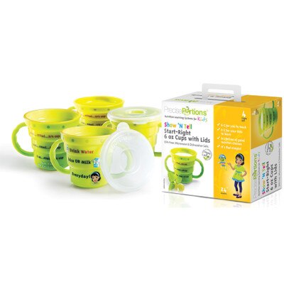 6 oz kids cup with lid, lime green dishwasher safe and BPA free cup with imprinted reminders for kids of what to drink and how much, Health Edco, 30502