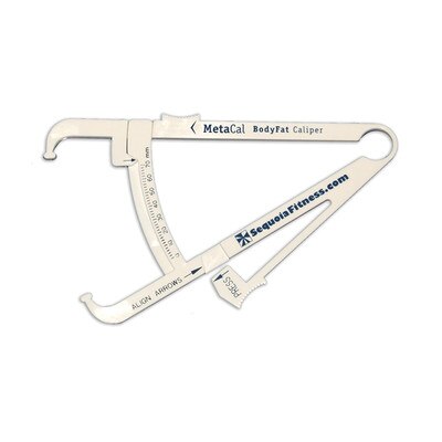 MetaCal Body Fat Caliper, white caliper with blue imprint thin flexible plastic, Health Edco, 30575