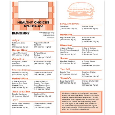 healthy eating out folded 8-panel pocket guide, guide includes nutrition information for fast food choices, Health Edco, 37012