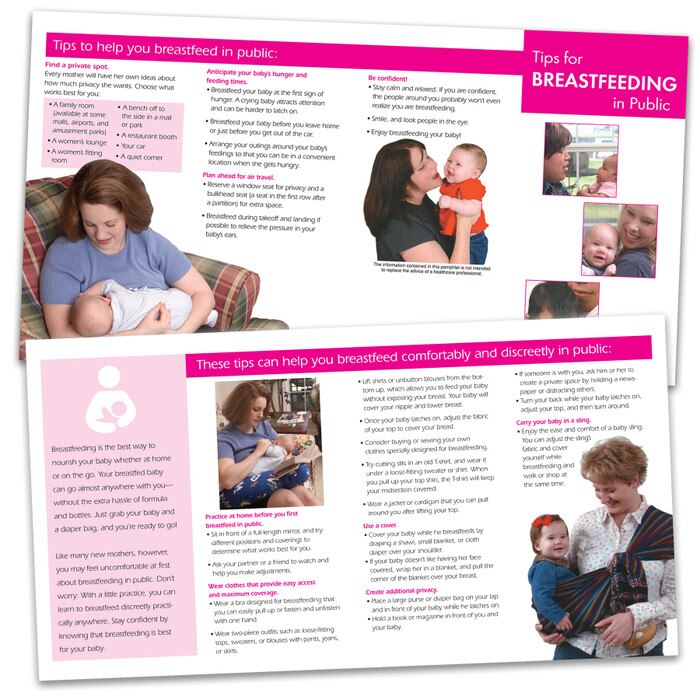 breastfeeding in public pamphlet, breastfeeding discreetly in public tips and techniques, inside and outside view of pamphlet, Childbirth Graphicss, 38004
