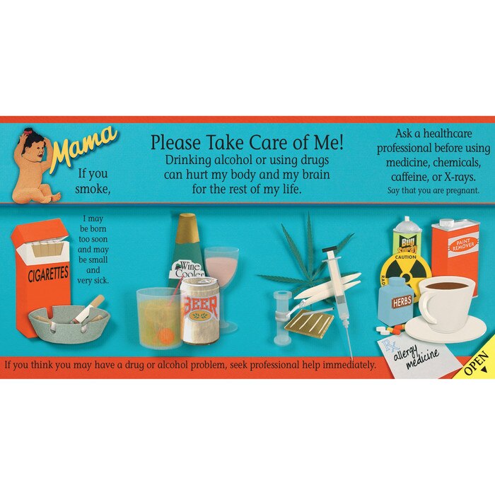 pamphlet/poster emphasizing pregnant mothers observing MyPlate guidelines and avoiding bad behaviors, inside pamphlet image showing behaviors to avoid, Childbirth Graphics, 38521