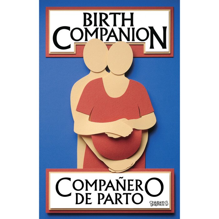 Birth Companion booklet English/Spanish cover image, photographic reference of labor comfort measures, Childbirth Graphics, 38524