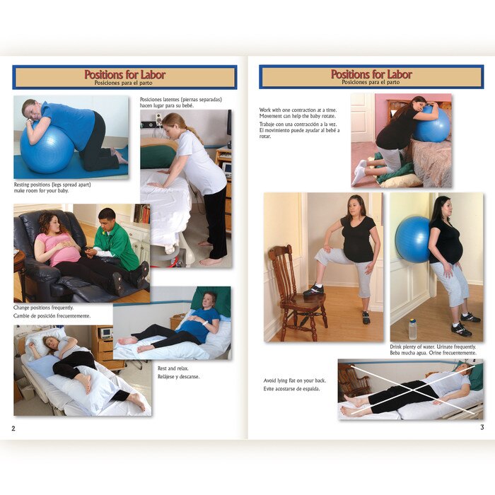 Birth Companion booklet English/Spanishrelieving back pain and changing positions pages, photographic reference of labor comfort measures, Childbirth Graphics, 38524