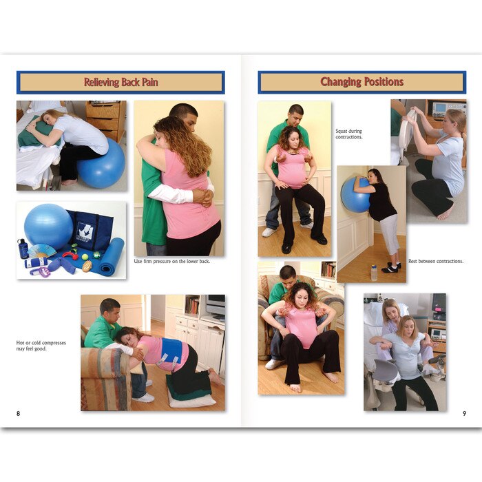 Birth Companion Booklet by Childbirth Graphics, images of back pain relief and changing positions for couples in labor, 38525