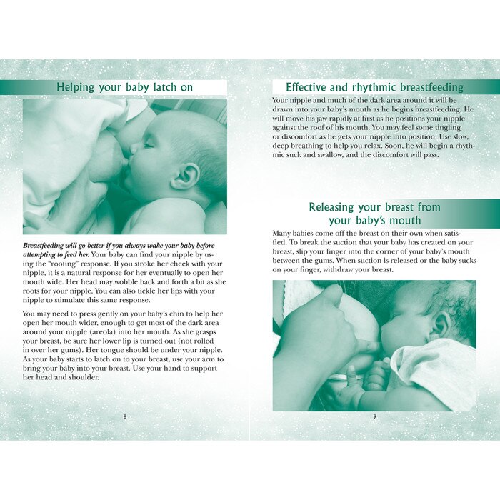 breastfeeding your baby for the first time 16-page booklet center spread shown, breastfeeding positions, propler latch and release, Childbirth Graphics, 38543