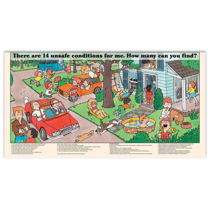 Mama make me safe pamphlet/poster inside pamphlet image, colorful cartoon illustrations depict unsafe situations for children, Childbirth Graphics, 38580