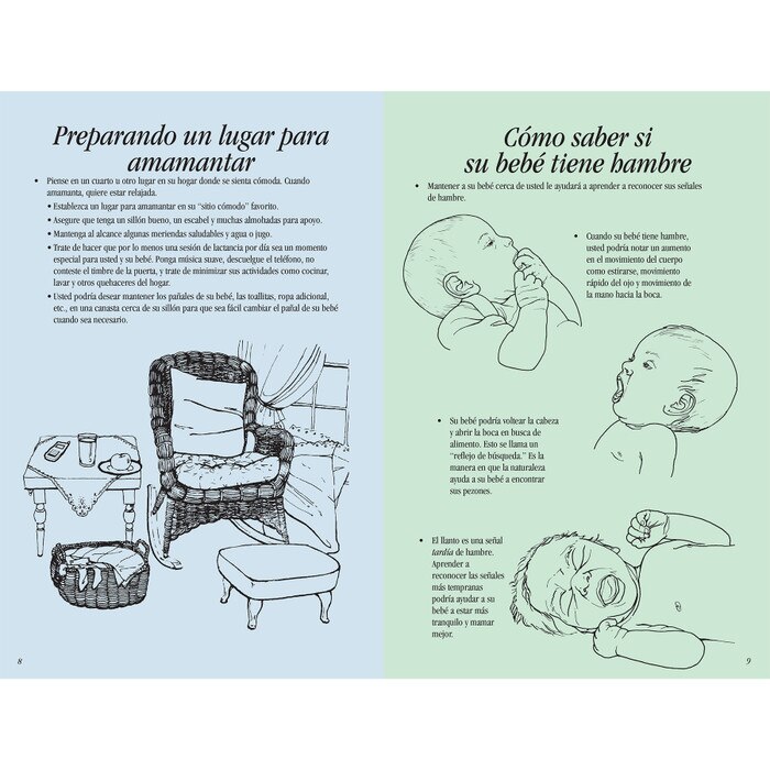Breastfeeding Basics 16-page illustrated booklet center spread image shown Spanish, setting up a breastfeeding station, how to tell when your baby is hungry, Childbirth Graphics, 38603