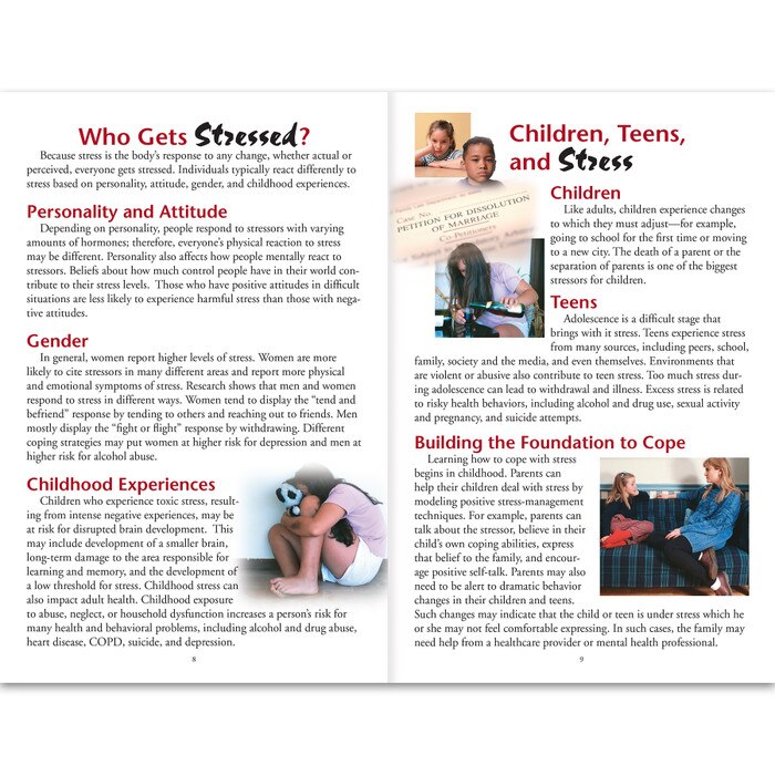 Stress 16-page booklet inside spread, who gets stressed and children teens and stress, Health Edco, 40045
