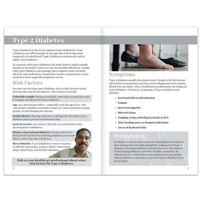 Diabetes booklet for diabetes and health education from Health Edco, pages about type 2 diabetes symptoms and risks, 40065