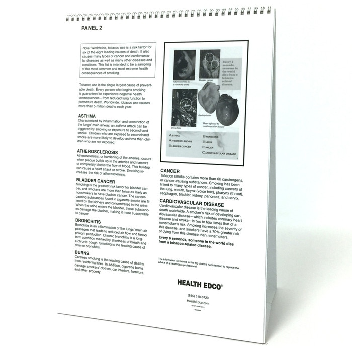 The ABCs of Smoking 6-panel spiral-bound flip chart teaching notes organs list of A through C, Health Edco, 43107