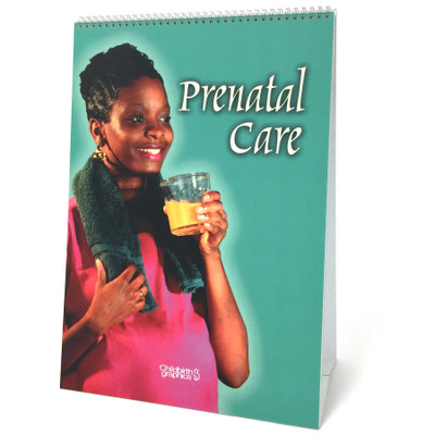 Prenatal Care 6-panel spiral bound flip chart cover, black woman towel around neck orange juice, Childbirth Graphics. 43125