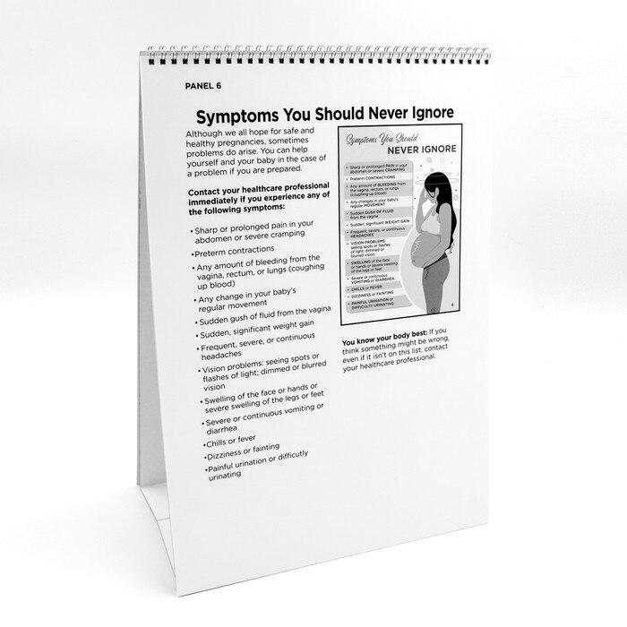 Prenatal Care Flip Chart, pregnancy education resource, warning signs presentation notes panel, Childbirth Graphics, 43125