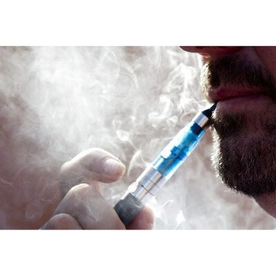 E-Cigarette Facts Myths DVD, closeup profile of bearded man vaping, Health Edco, 44054