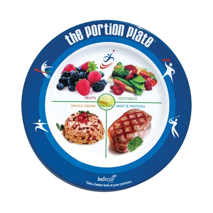 Adult Portion Plate plastic plate blue border food group photos on surface divide plate into food groups, Health Edco, 50881