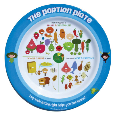 Child's Portion Plate, melamine plate with colorful cartoon foods, USDA guidelines, Health Edco, 50883