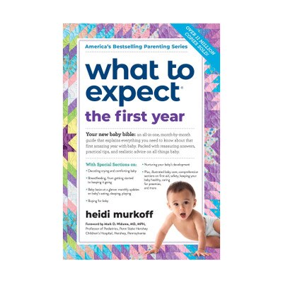 What to Expect the First Year Book 3rd edition cover, quilt background young Asian baby, Childbirth Graphics, 50901