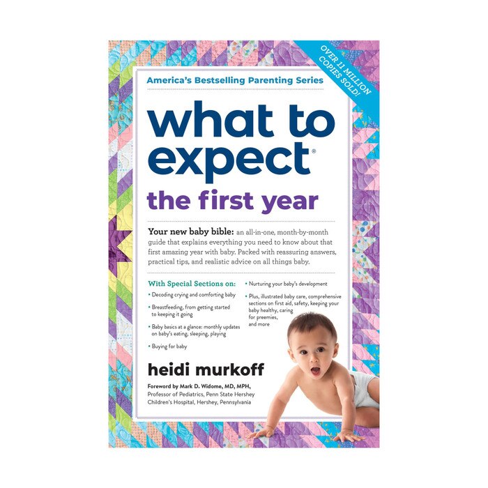 What to Expect the First Year Book 3rd edition cover, quilt background young Asian baby, Childbirth Graphics, 50901