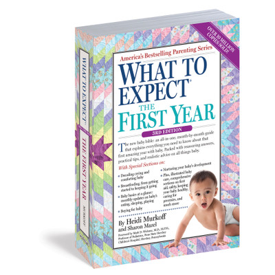 What to Expect the First Year Book 3rd edition cover, quilt background young Asian baby, Childbirth Graphics, 50901