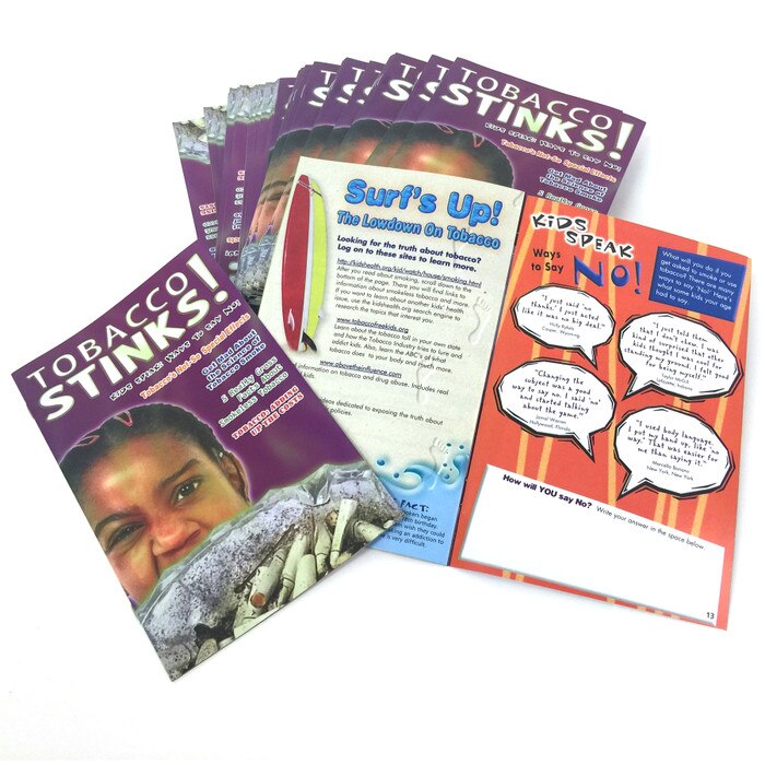 Tobacco Stinks Booklet, stack 100 booklets & inside spread black teen behind ashtray full of cigarette butts, Health Edco, 52021