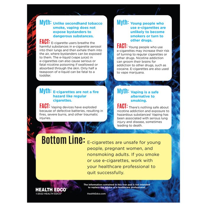 E-Cigarettes and Vaping Tear Pad, health education leaflet covering the health risks of vaping devices, Health Edco, 52196