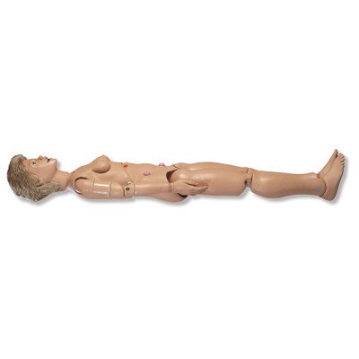 Susie Simon Patient Care Simulator with ostomy, beige simulator side view, Health Edco, 52403