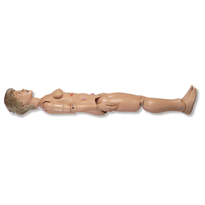 Susie Simon Patient Care Simulator with ostomy, beige simulator side view, Health Edco, 52403