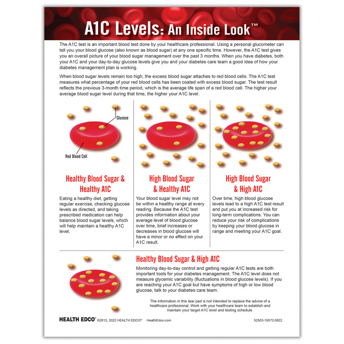 A1C Levels: An Inside Look diabetes education tear pad from Health Edco explaining how the A1C test works, English, 52503