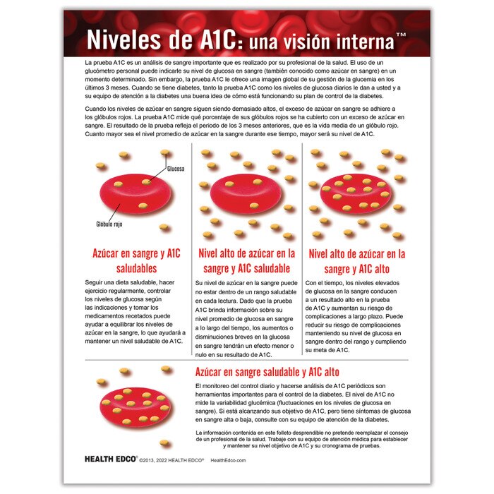 A1C Levels: An Inside Look tear pad for diabetes education from Health Edco, Spanish side explaining the A1C test, 52503
