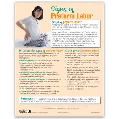 Signs of Preterm Labor Tear Pad by Childbirth Graphics, English side of handout explaining preterm labor warning signs, 52515