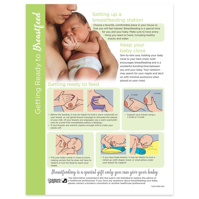 Getting Ready to Breastfeed Tear Pad English side, lactation education materials for new parents, Childbirth Graphics, 52518