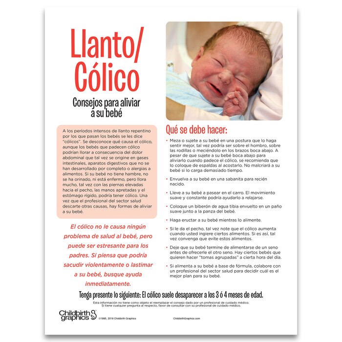 Crying & Colic tear pad for parenting education from Childbirth Graphics with hints to soothe a baby, Spanish text, 52533