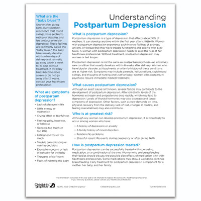 Understanding Postpartum Depression Tear Pad by Childbirth Graphics, English side of educational handout for new moms, 52540