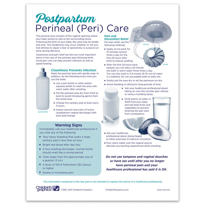 Perineal Care Tear Pad, women's postpartum education tear pad, English care instructions, Childbirth Graphics, 52558