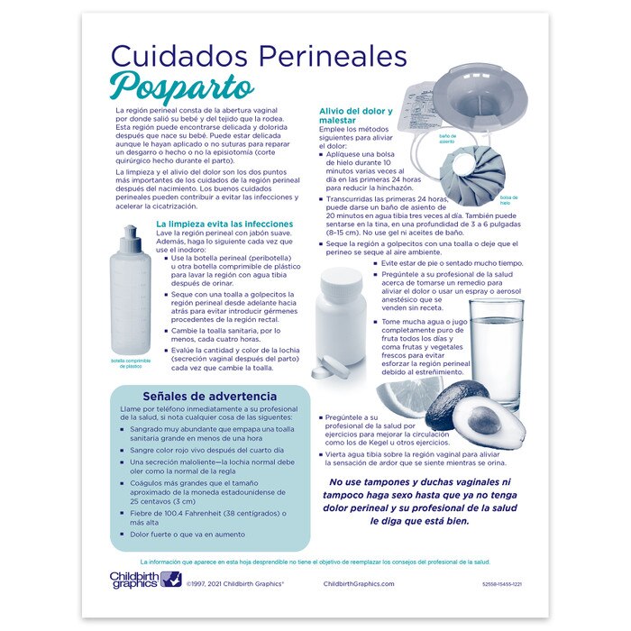 Perineal Care Tear Pad, women's postpartum education tear pad, Spanish care instructions, Childbirth Graphics, 52558