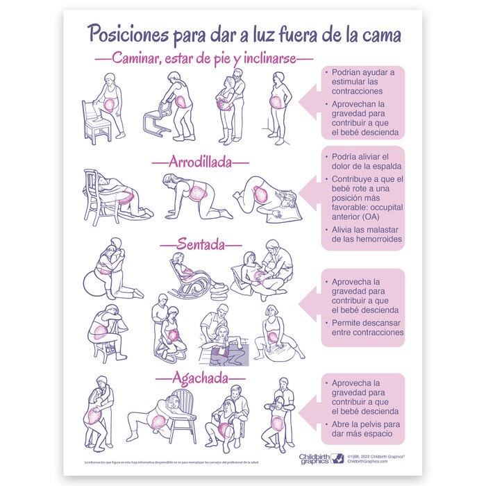 Positions for Laboring Out of Bed bilingual educational tear pad with Spanish text on back from Childbirth Graphics, 52560