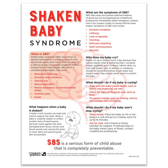 Shaken Baby Syndrome Tear Pad, English side of parenting education handout, Childbirth Graphics educational materials 52564