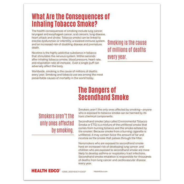 What's in Tobacco Smoke two-sided educational tear pad from Health Edco illustrating toxic tobacco smoke ingredients, 52584