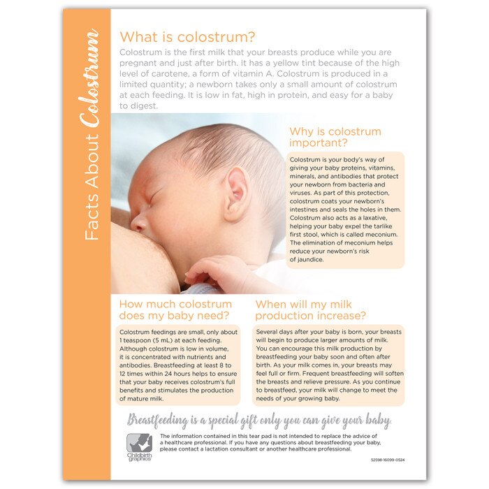 Facts About Colostrum Tear Pad for breastfeeding education from Childbirth Graphics, lactation teaching materials, 52598