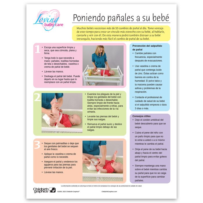 Diapering Your Baby Tear Pad, Childbirth Graphics new parenting handout Spanish side teaching how to diaper a baby, 52606