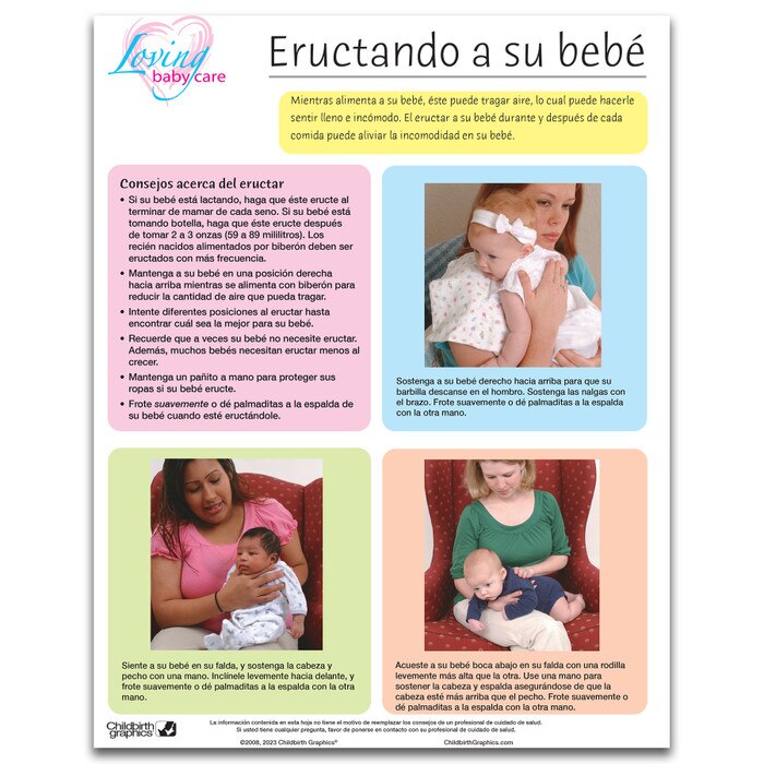 Loving Baby Care: Burping a Baby Tear Pad, parenting education materials, Spanish side, Childbirth Graphics, 52621
