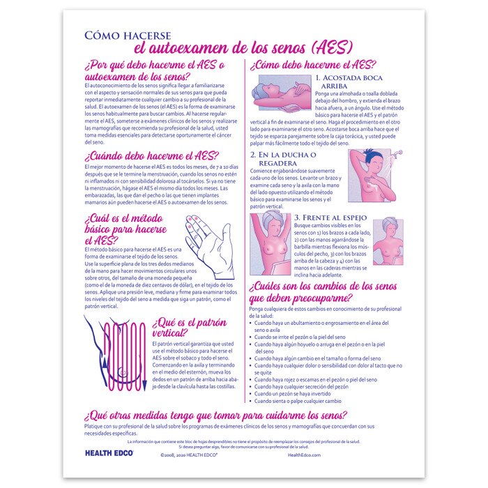 How to Perform Breast Self-Examination BSE 2-color illustrated tear pad Spanish back, Health Edco 52623